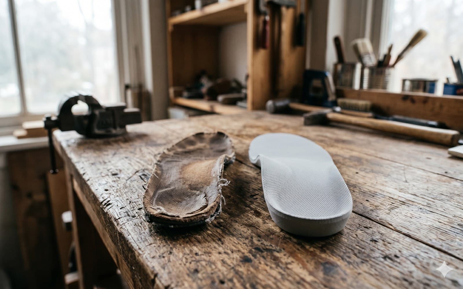 Versleten inlegzool naast een nieuwe op een houten werkbank
