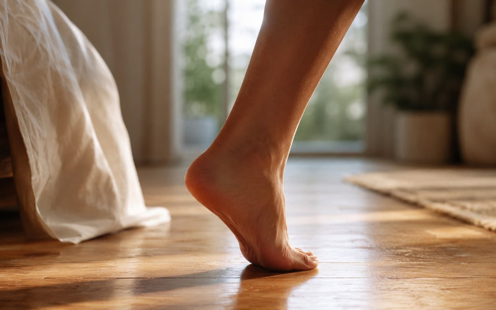 Blote voet stapt op een houten vloer in ochtendlicht