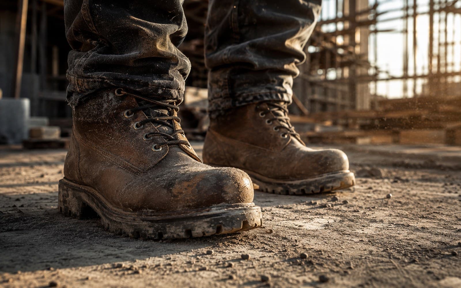 Werkschoenen op een bouwplaats