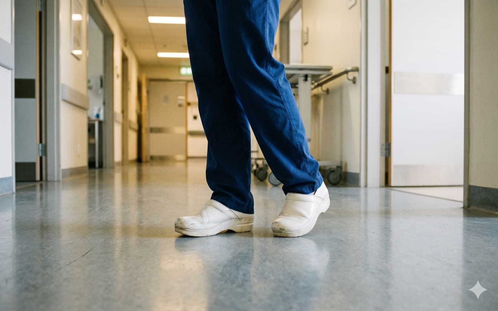 Verpleegkundige staat tijdens een dienst in een gang, close-up van benen en werkschoenen