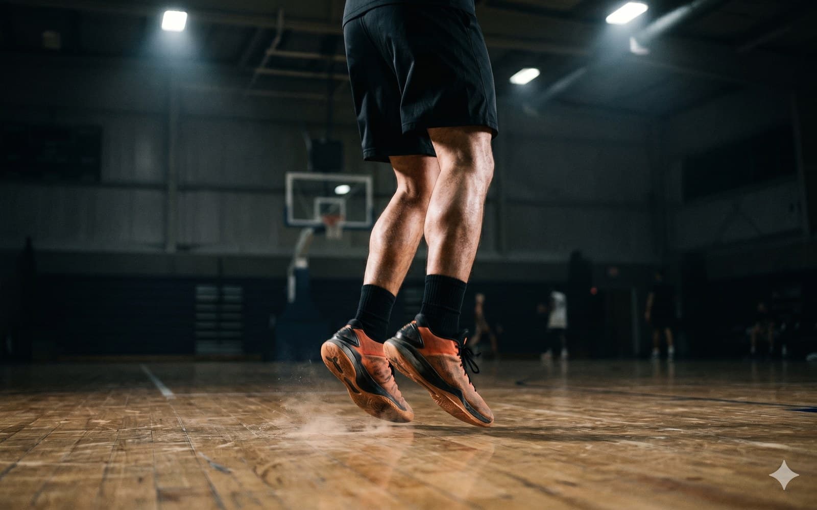 Basketballer landt na een sprong op een zaalvloer, close-up van benen en schoenen