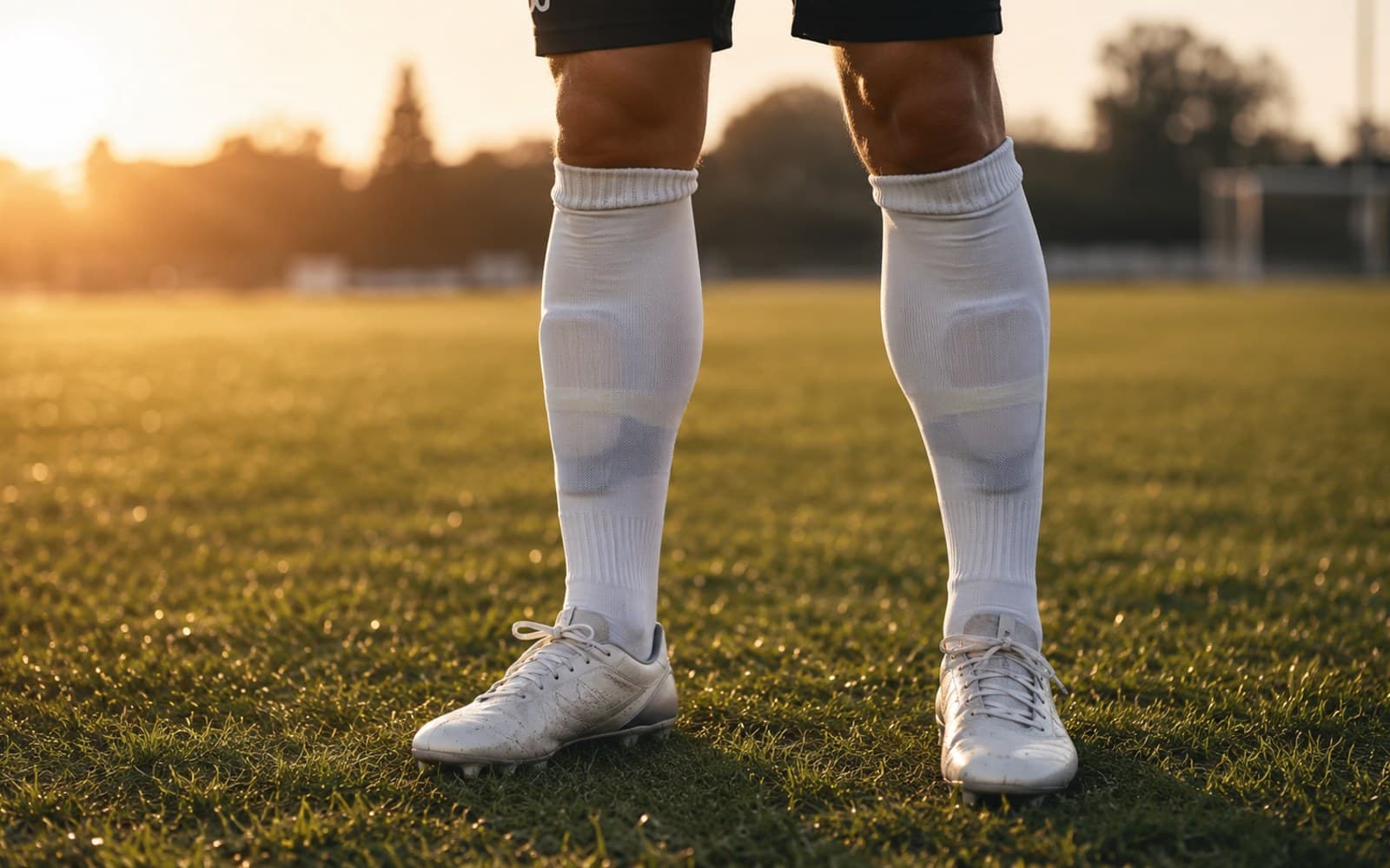 Voetbalsokken over scheenbeschermers op een grasveld