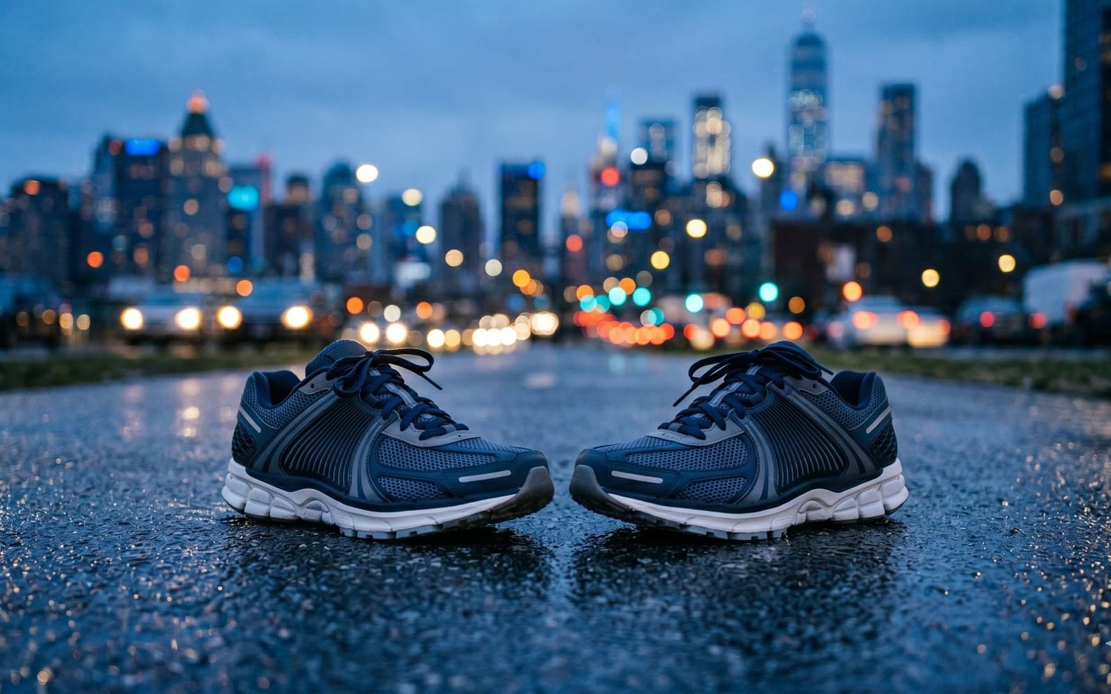 Twee hardloopschoenen op nat asfalt in de schemering