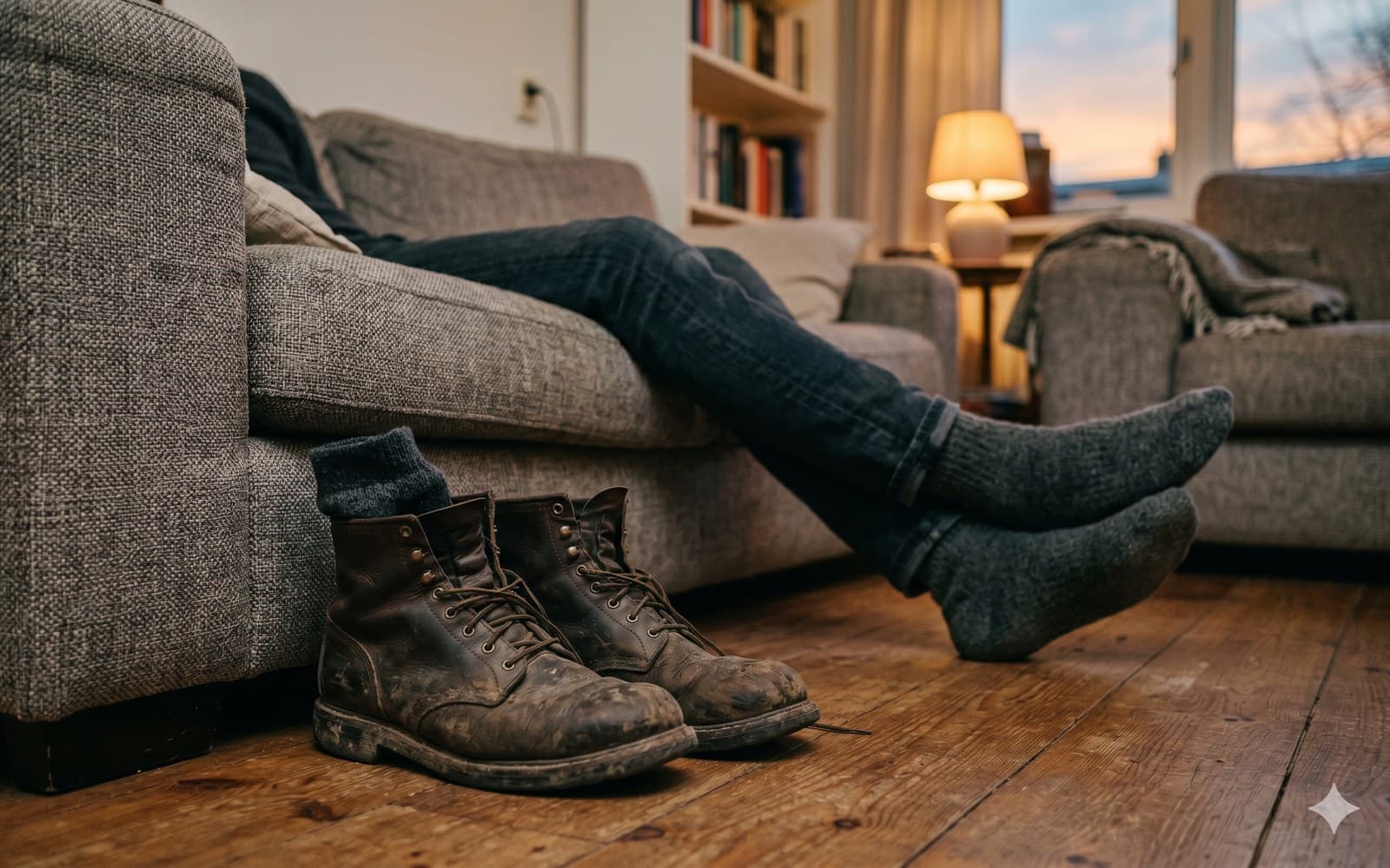 Werkschoenen uitgetrokken naast een bank na een lange dag, benen rusten omhoog