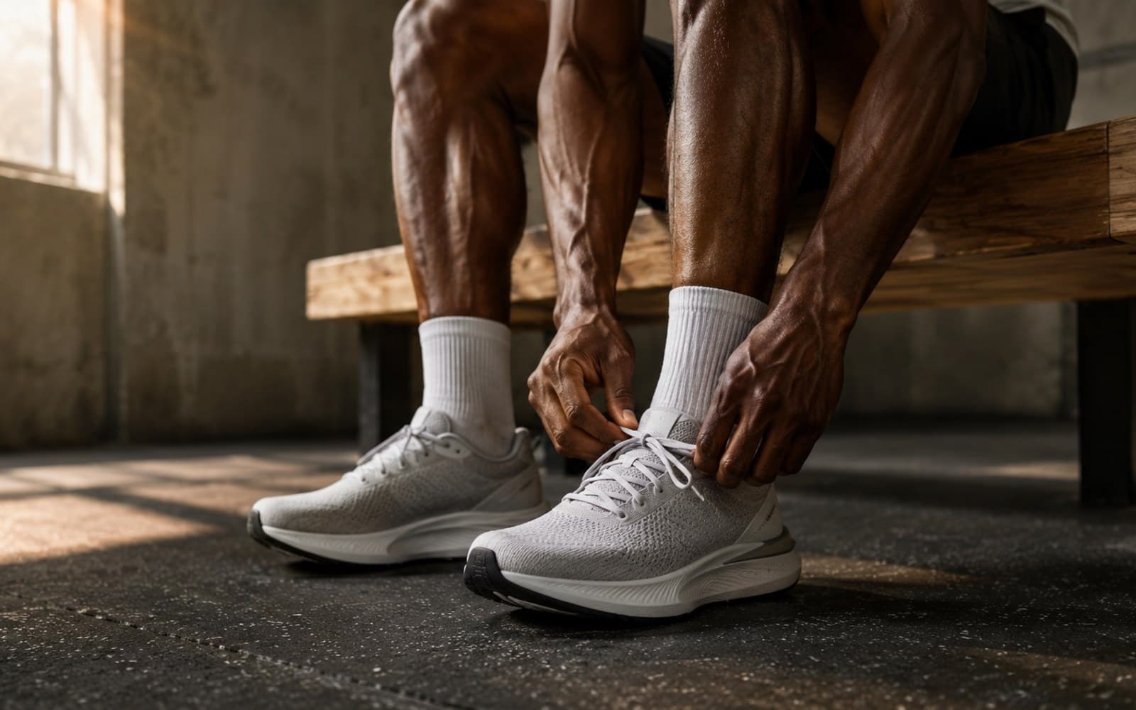 Voeten en hardloopschoenen worden vastgemaakt op een bank